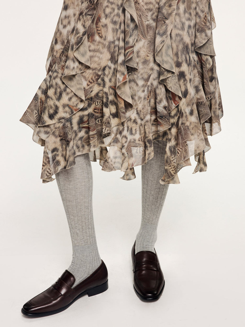 Feather & leopard ruffled hem skirt