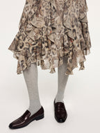 Feather & leopard ruffled hem skirt