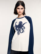 Raglan sleeve t-shirt with undersea octopus