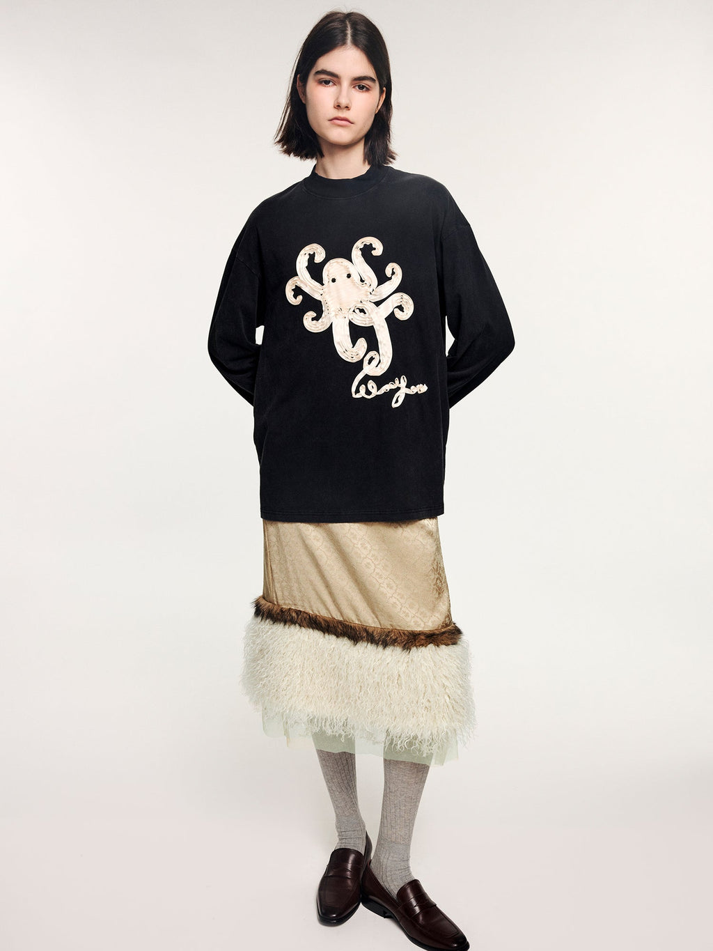 T-shirt with 3d tape embroidered undersea octopus