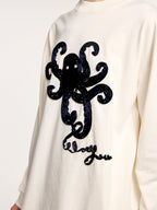 T-shirt with 3d tape embroidered undersea octopus