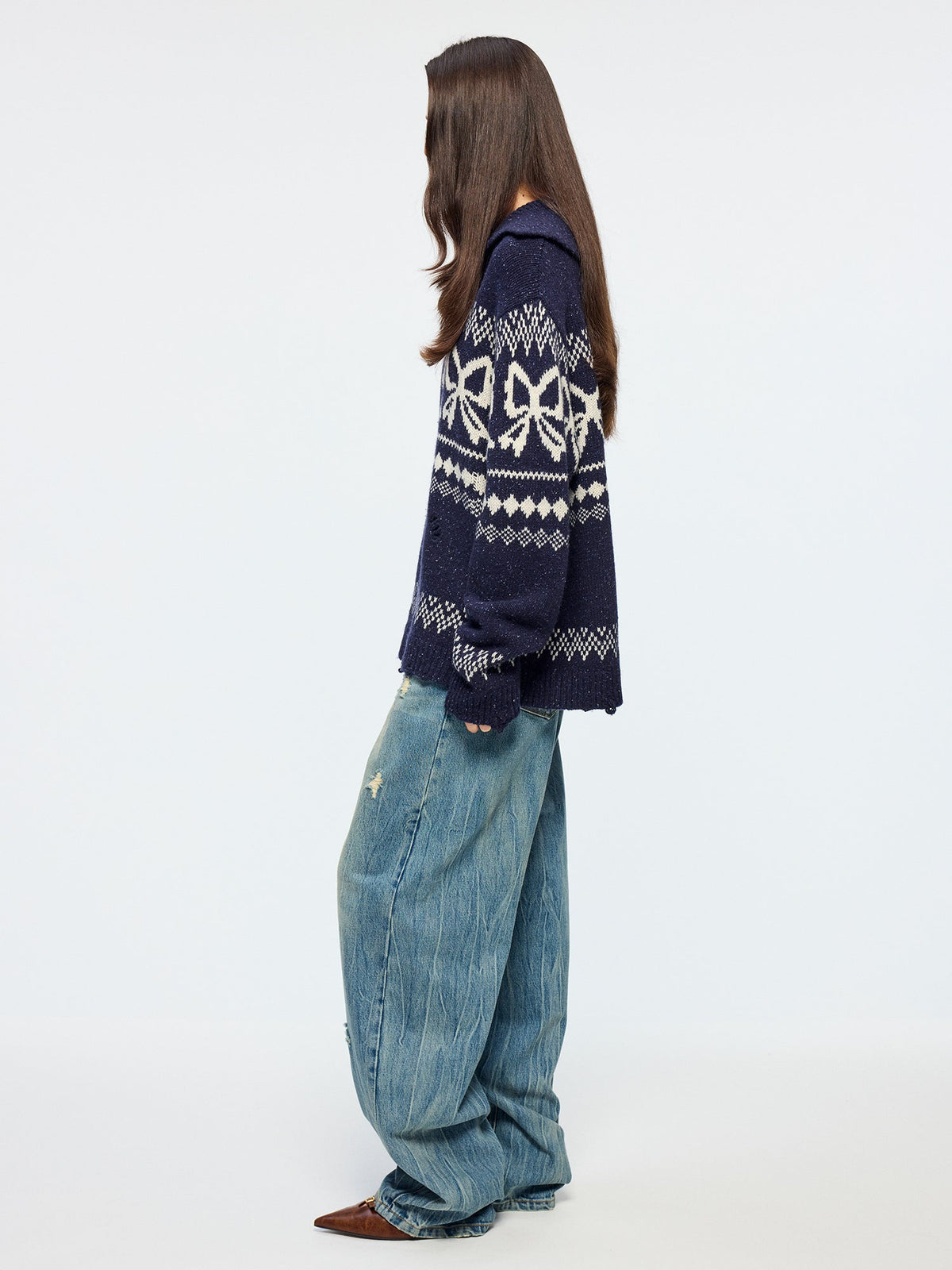 Fair isle bow collar pullover