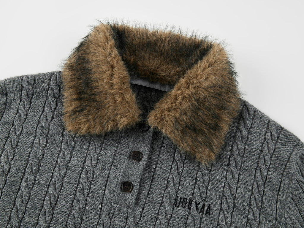 Cable knit polo pullover with fur collar