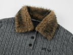 Cable knit polo pullover with fur collar