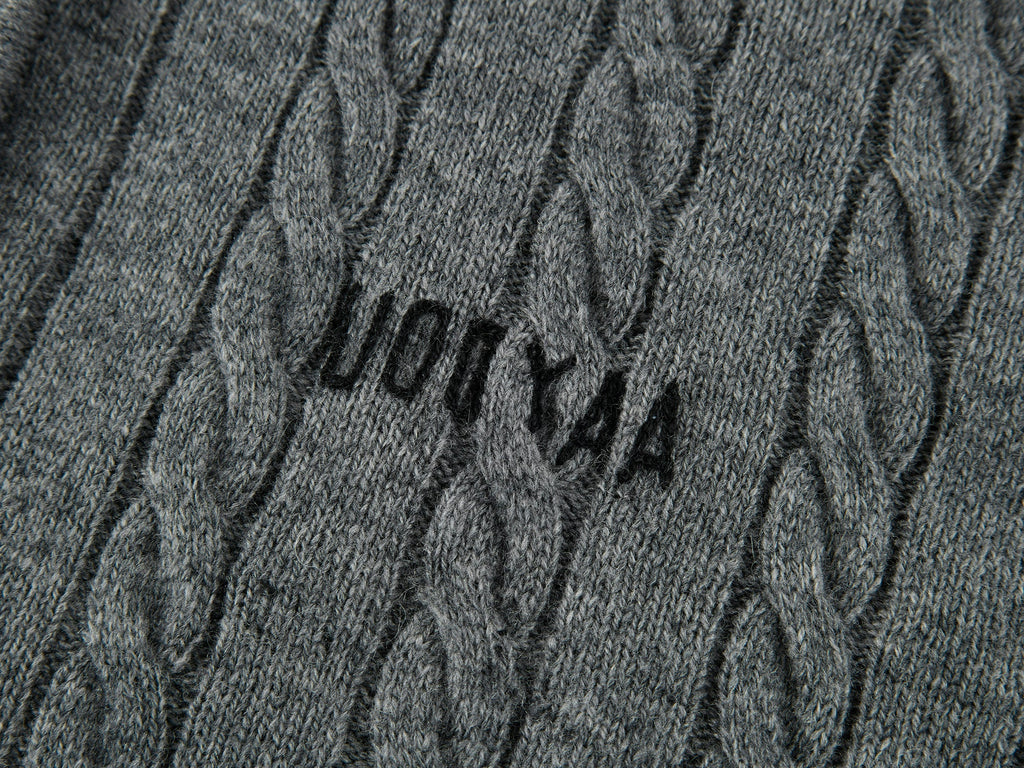 Cable knit polo pullover with fur collar