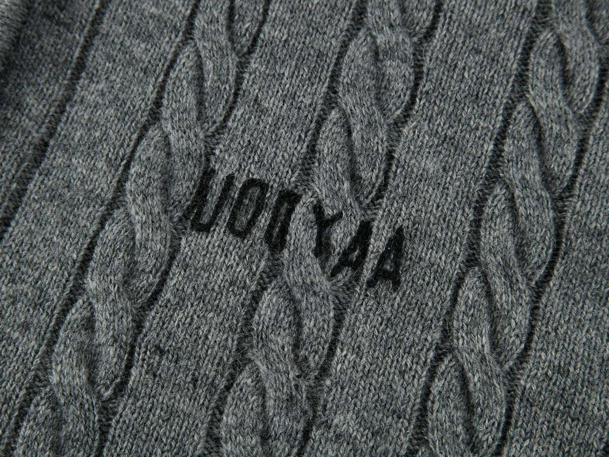 Cable knit polo pullover with fur collar