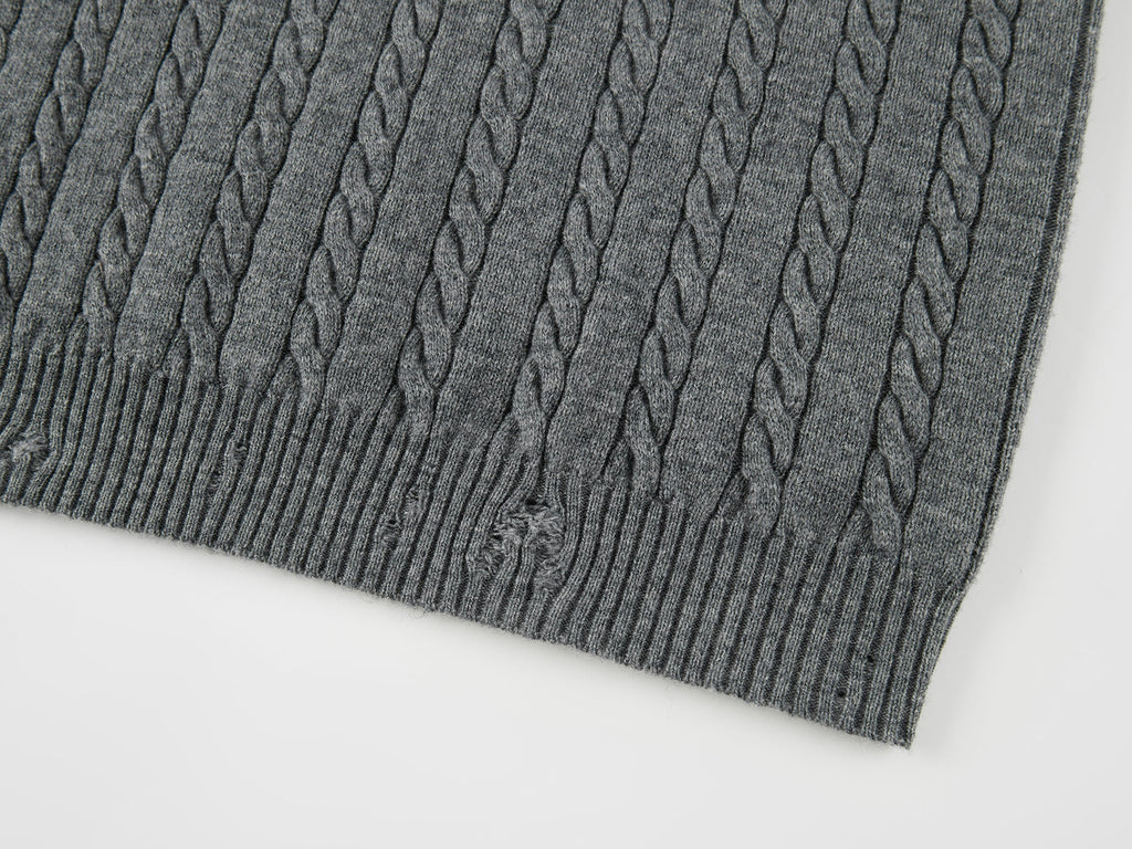 Cable knit polo pullover with fur collar