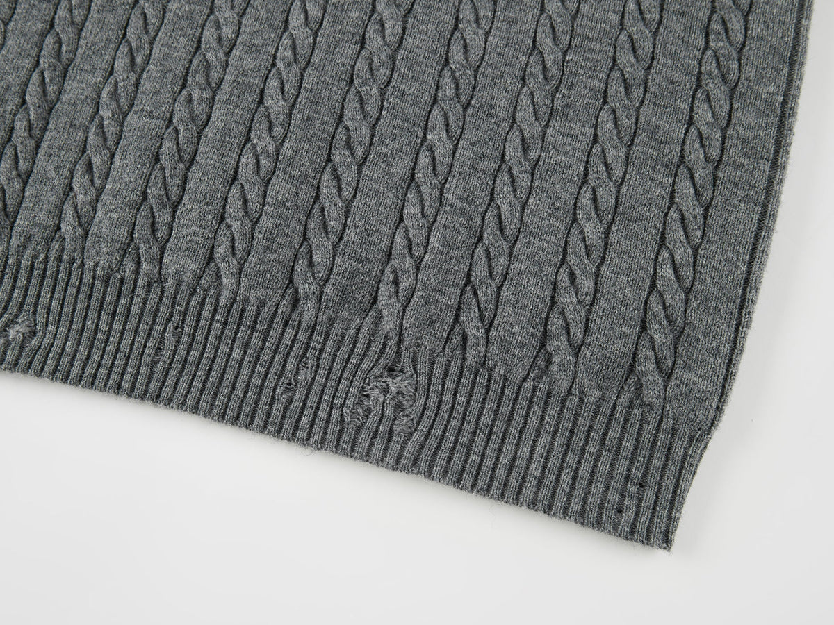 Cable knit polo pullover with fur collar