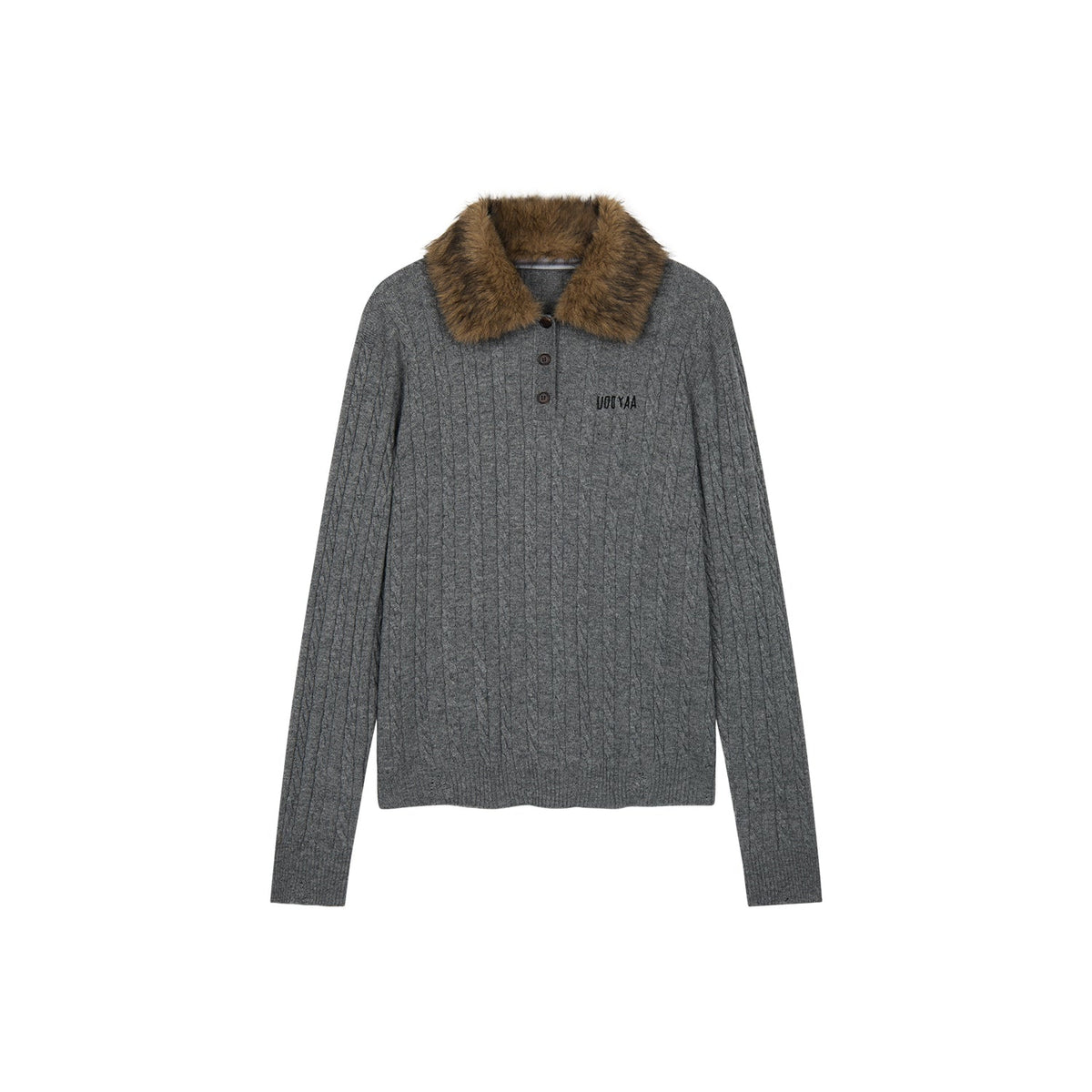 Cable knit polo pullover with fur collar