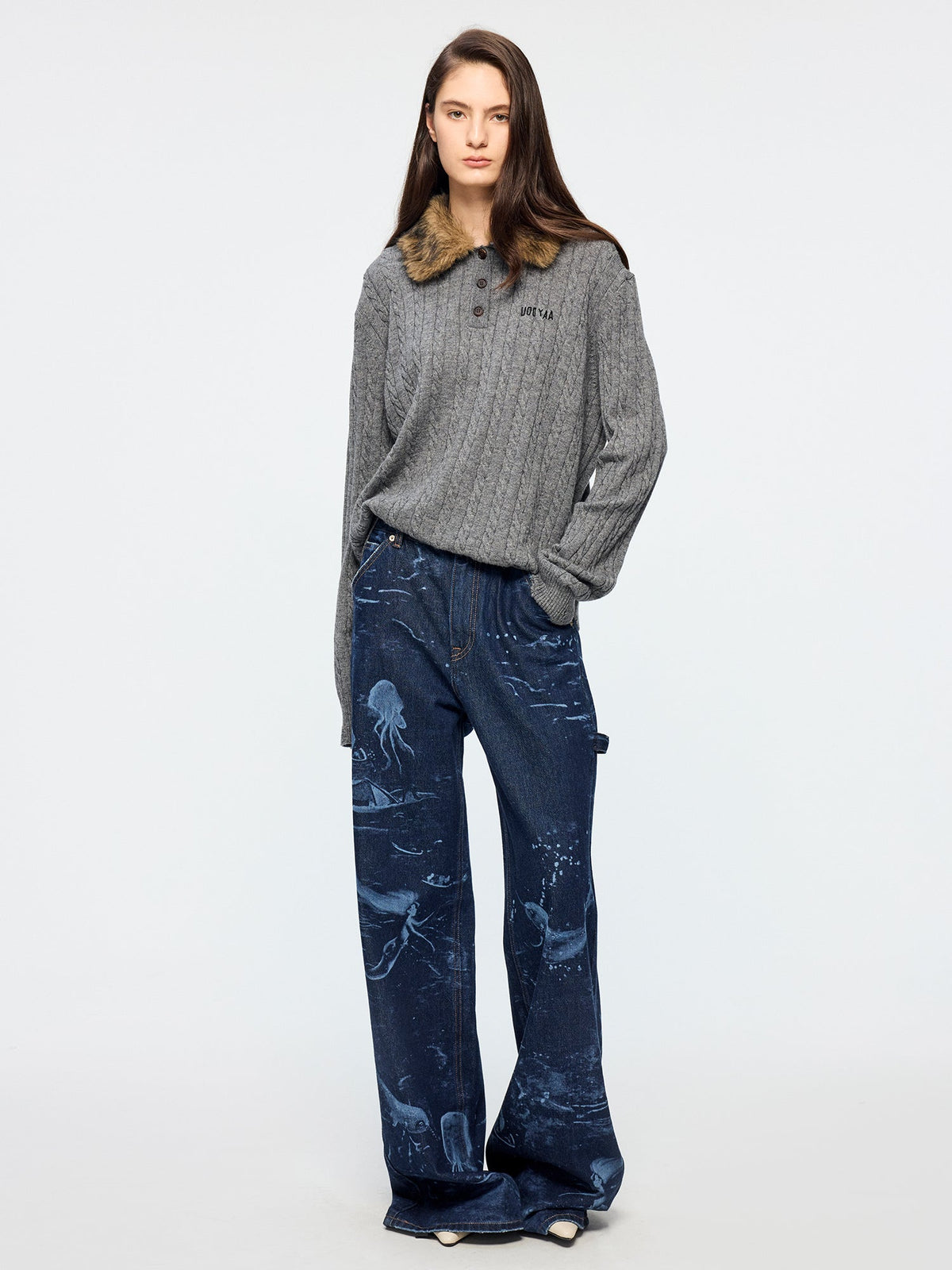 Cable knit polo pullover with fur collar