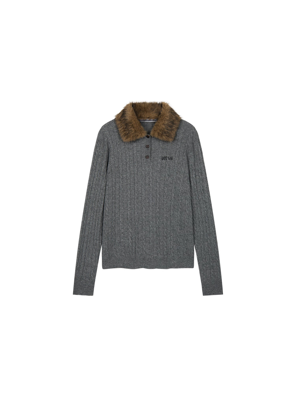 Cable knit polo pullover with fur collar