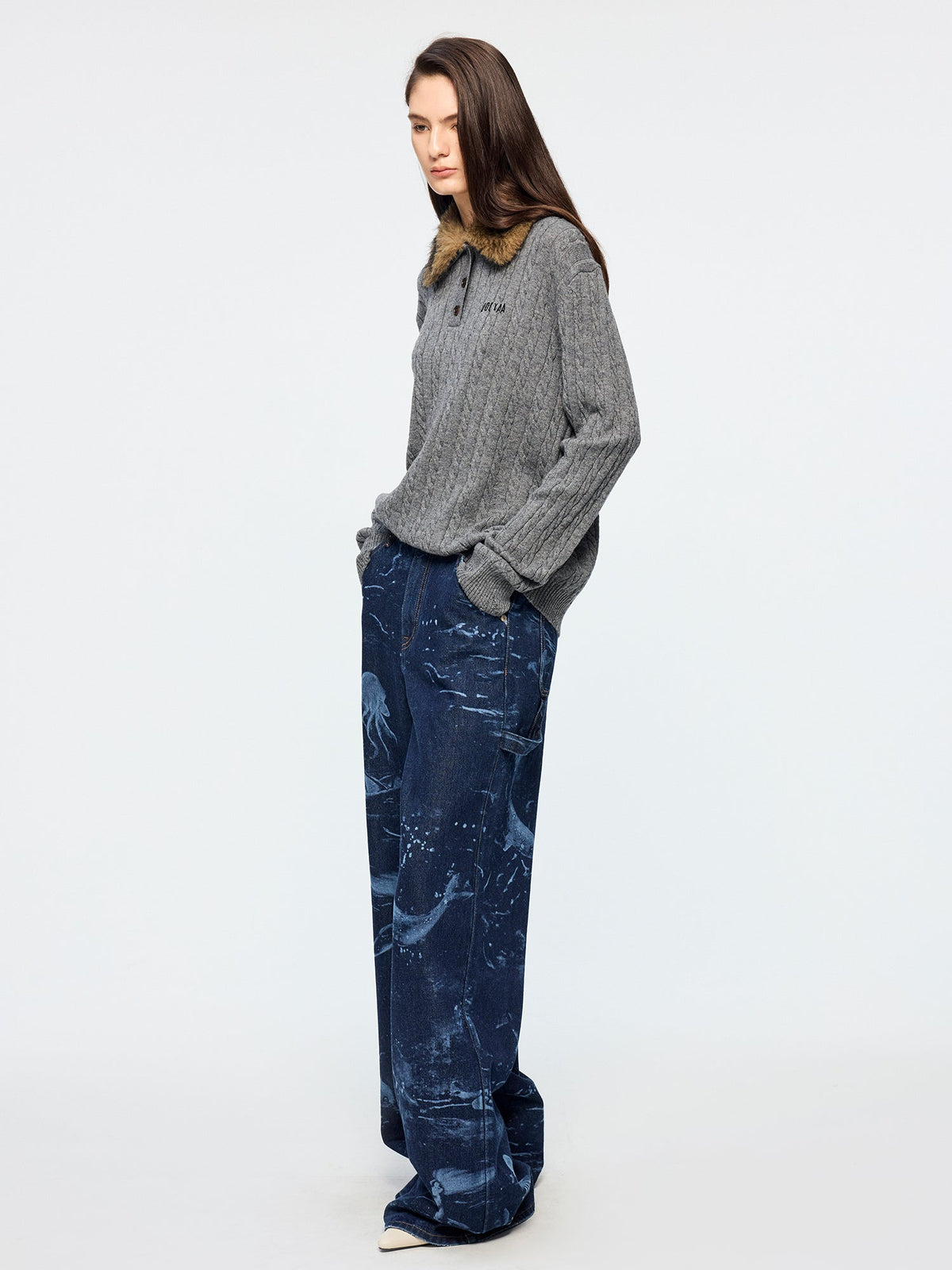 Cable knit polo pullover with fur collar