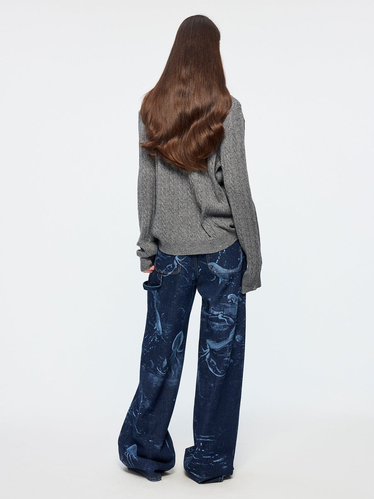 Cable knit polo pullover with fur collar