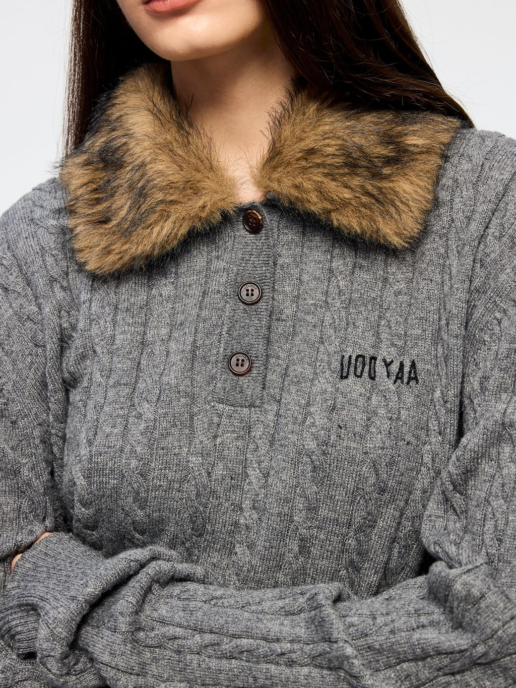 Cable knit polo pullover with fur collar