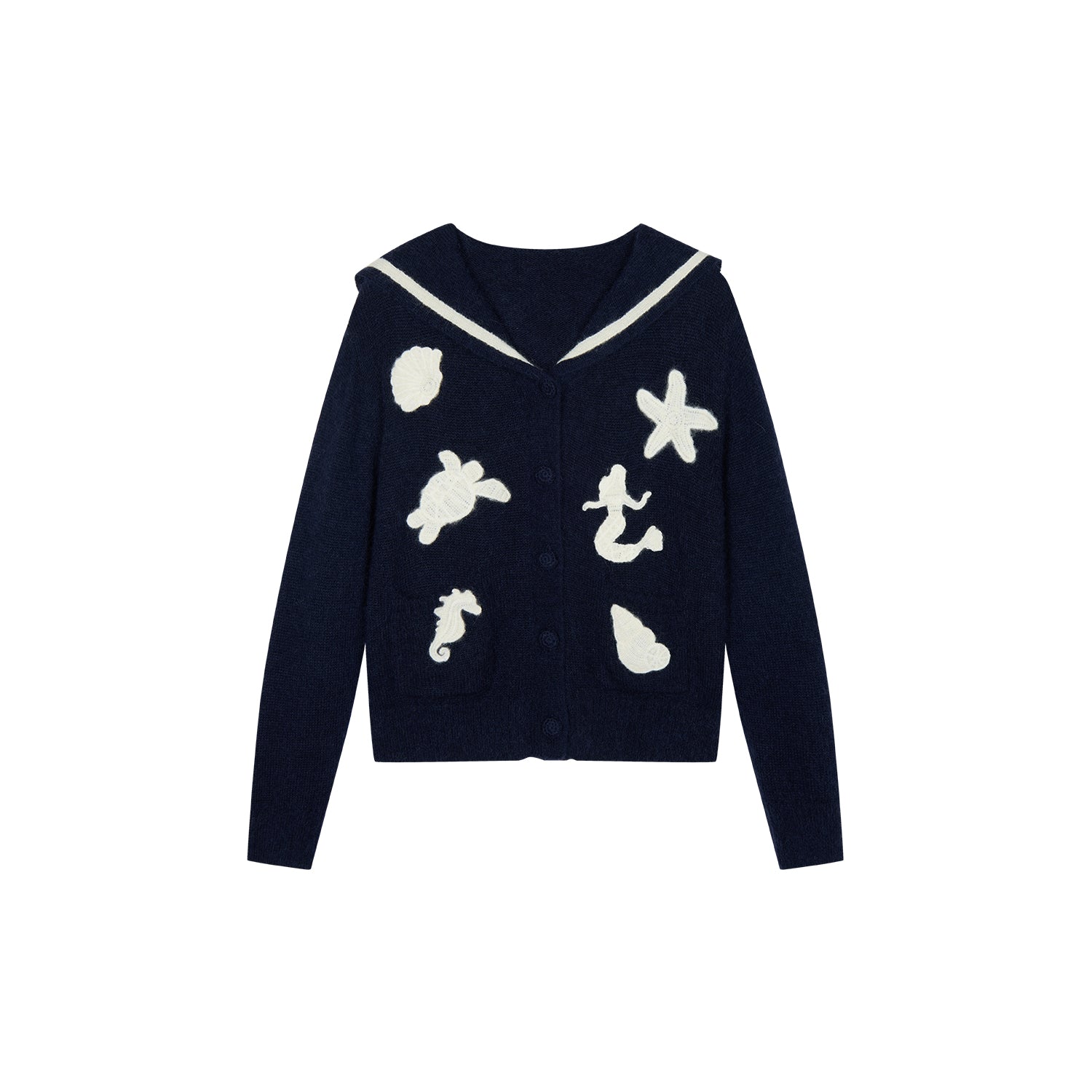 Sailor collar cardigan with fantasy undersea yarn embroidery