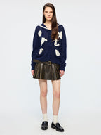 Sailor collar cardigan with fantasy undersea yarn embroidery