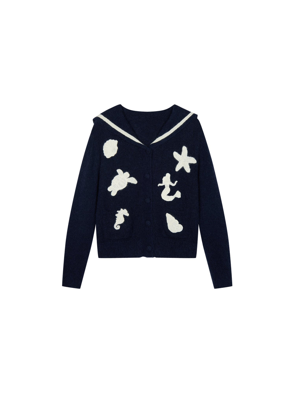 Sailor collar cardigan with fantasy undersea yarn embroidery