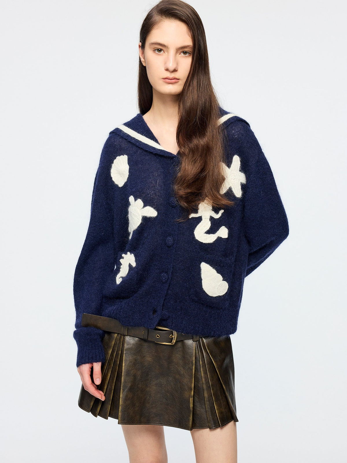 Sailor collar cardigan with fantasy undersea yarn embroidery
