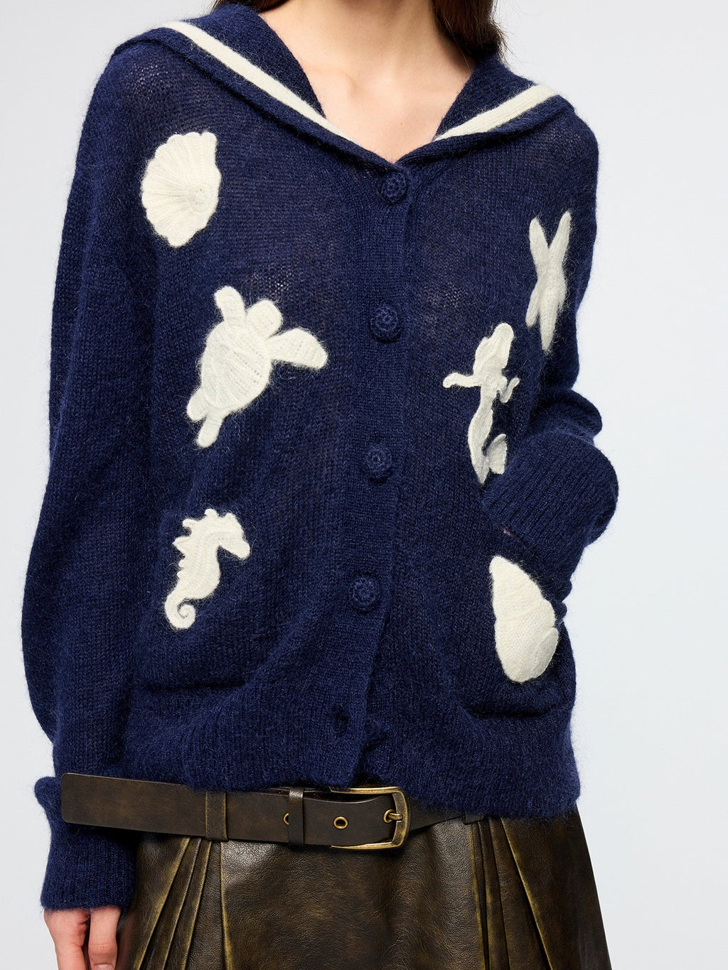 Sailor collar cardigan with fantasy undersea yarn embroidery