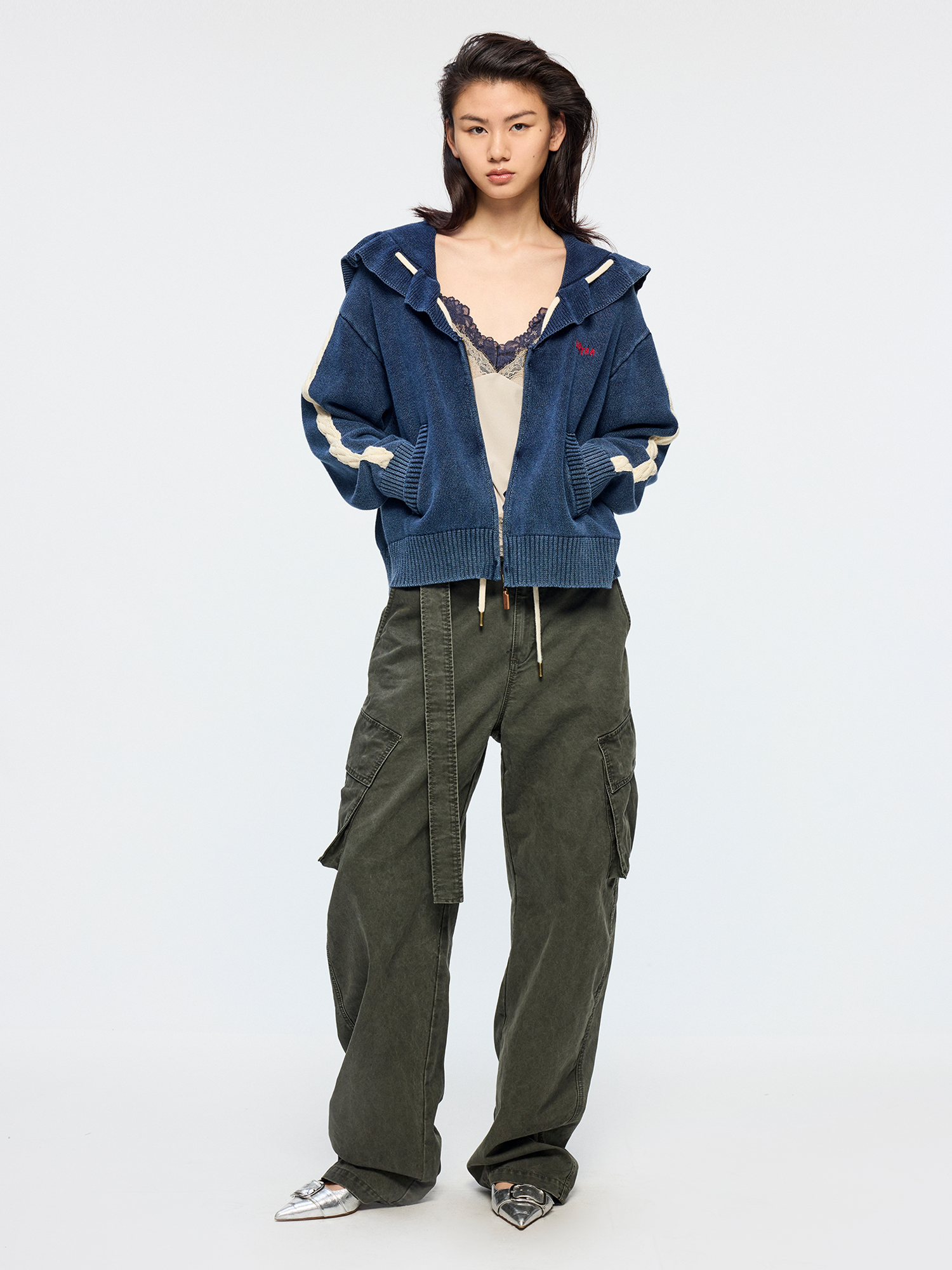 Sailor collar drawstring cardigan