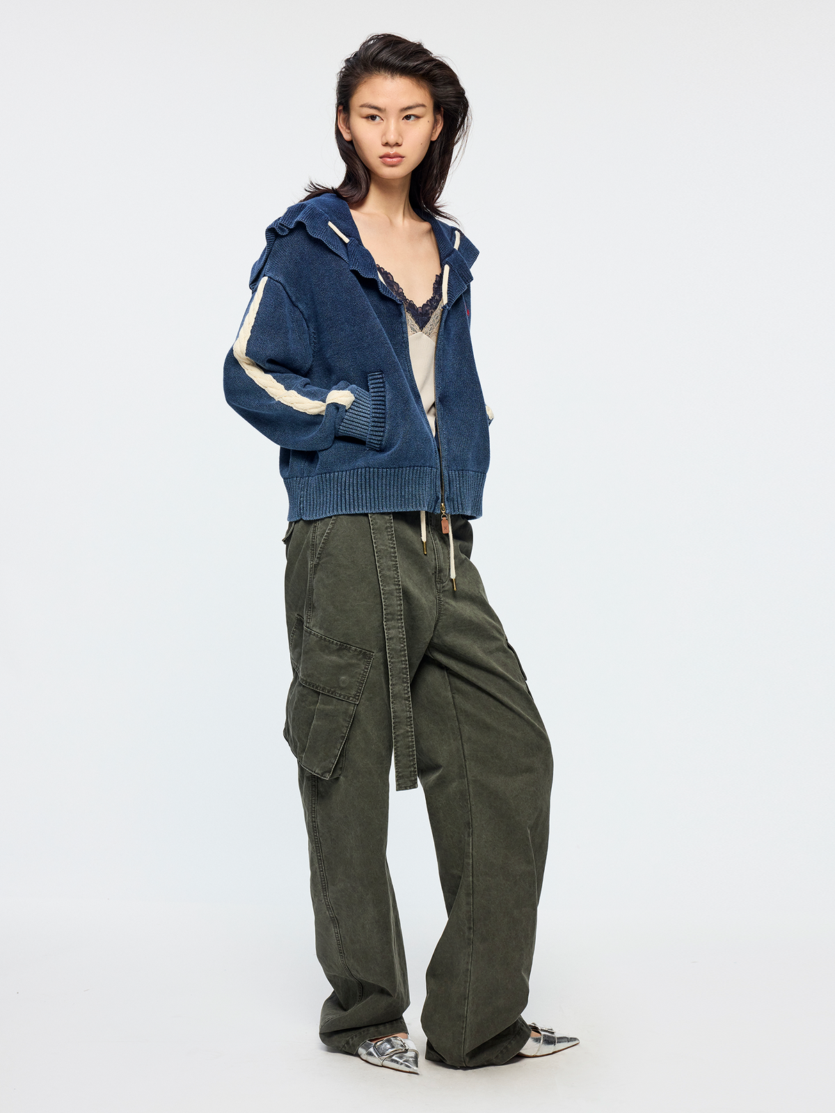 Sailor collar drawstring cardigan