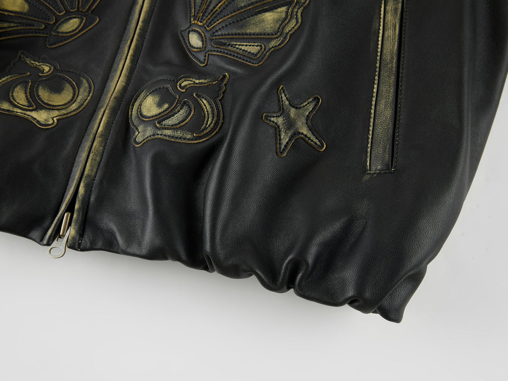 Rubbed leather jacket with fantasy undersea appliqué