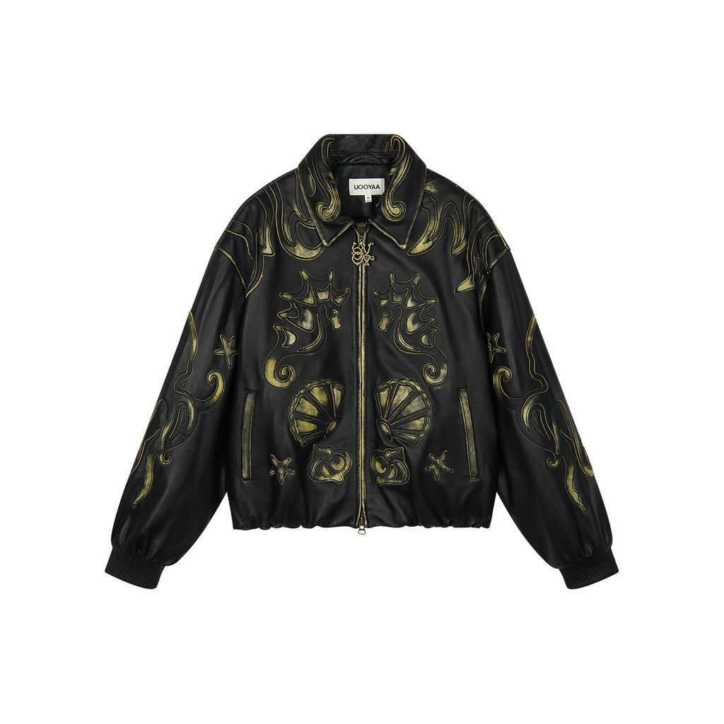 Rubbed leather jacket with fantasy undersea appliqué