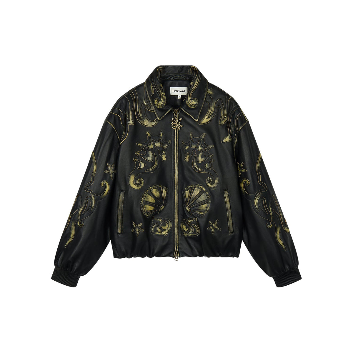 Rubbed leather jacket with fantasy undersea appliqué