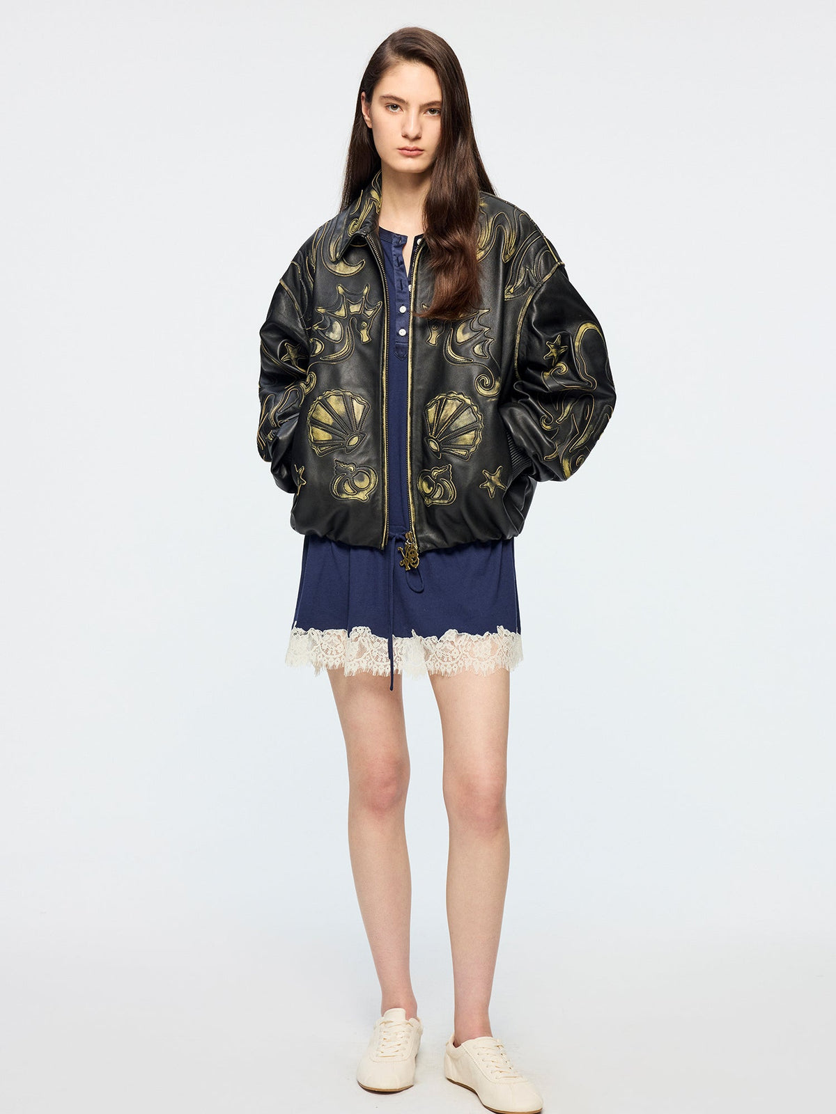 Rubbed leather jacket with fantasy undersea appliqué