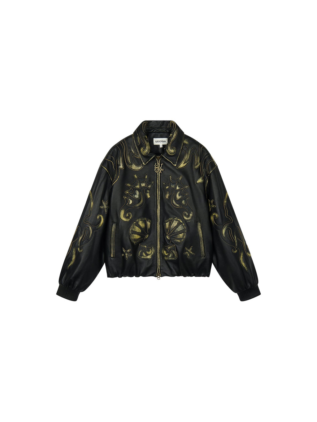 Rubbed leather jacket with fantasy undersea appliqué