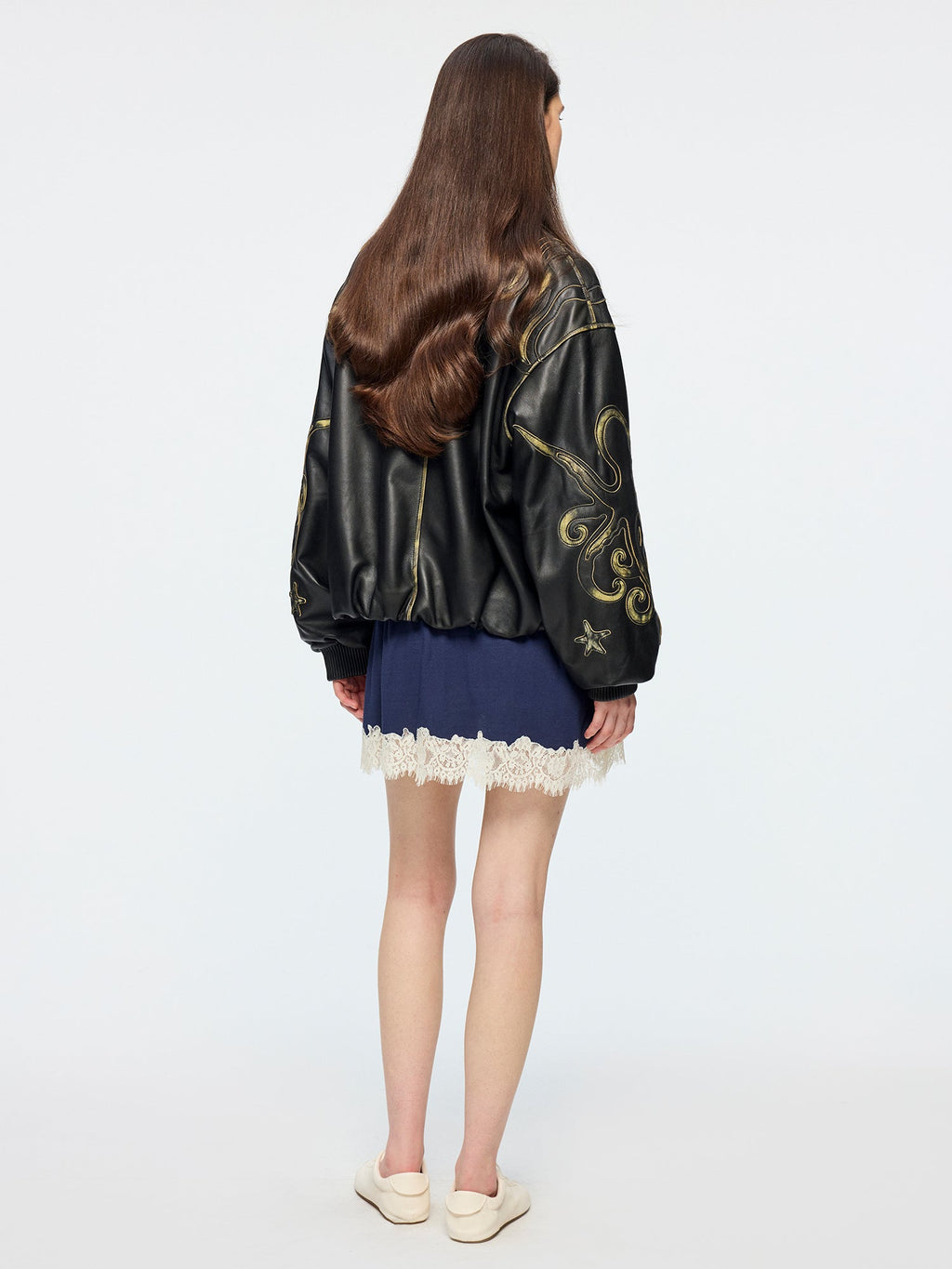Rubbed leather jacket with fantasy undersea appliqué
