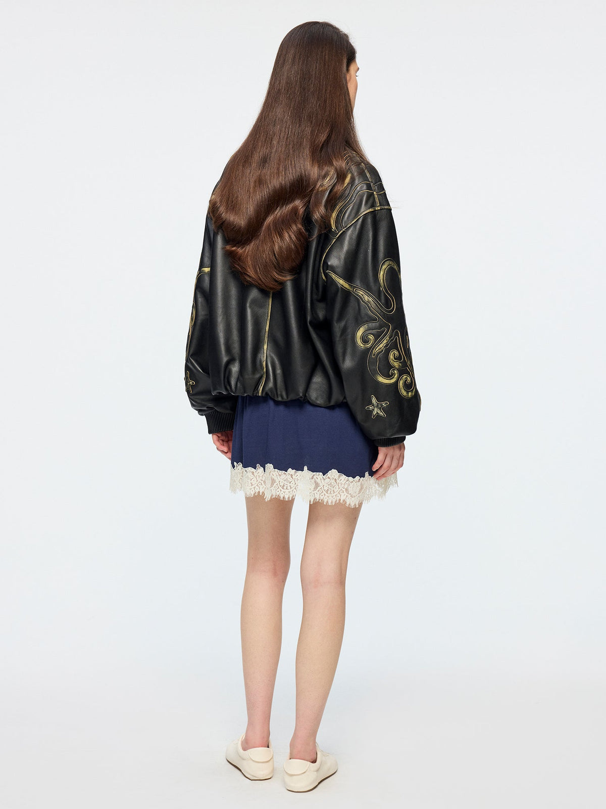 Rubbed leather jacket with fantasy undersea appliqué