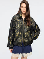 Rubbed leather jacket with fantasy undersea appliqué