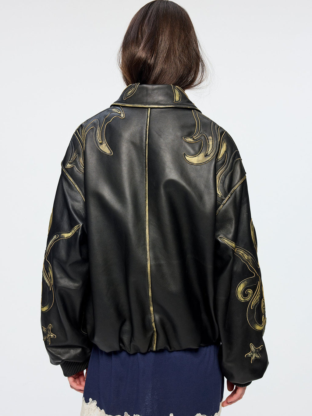 Rubbed leather jacket with fantasy undersea appliqué