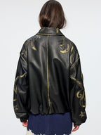 Rubbed leather jacket with fantasy undersea appliqué