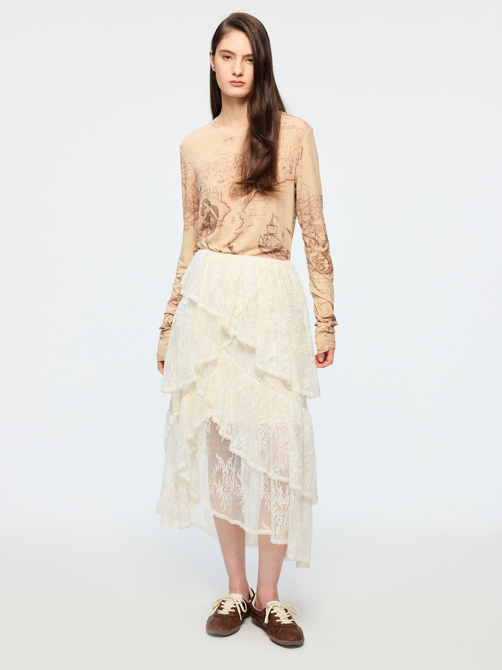 Tencel wool vintage map long sleeve t-shirt