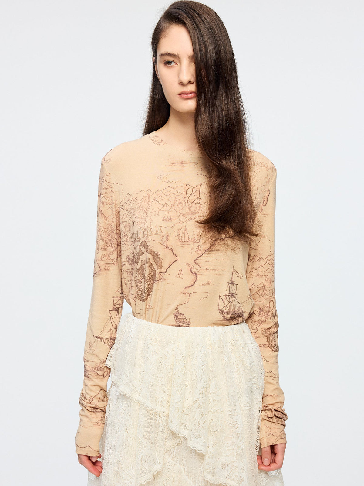 Tencel wool vintage map long sleeve t-shirt