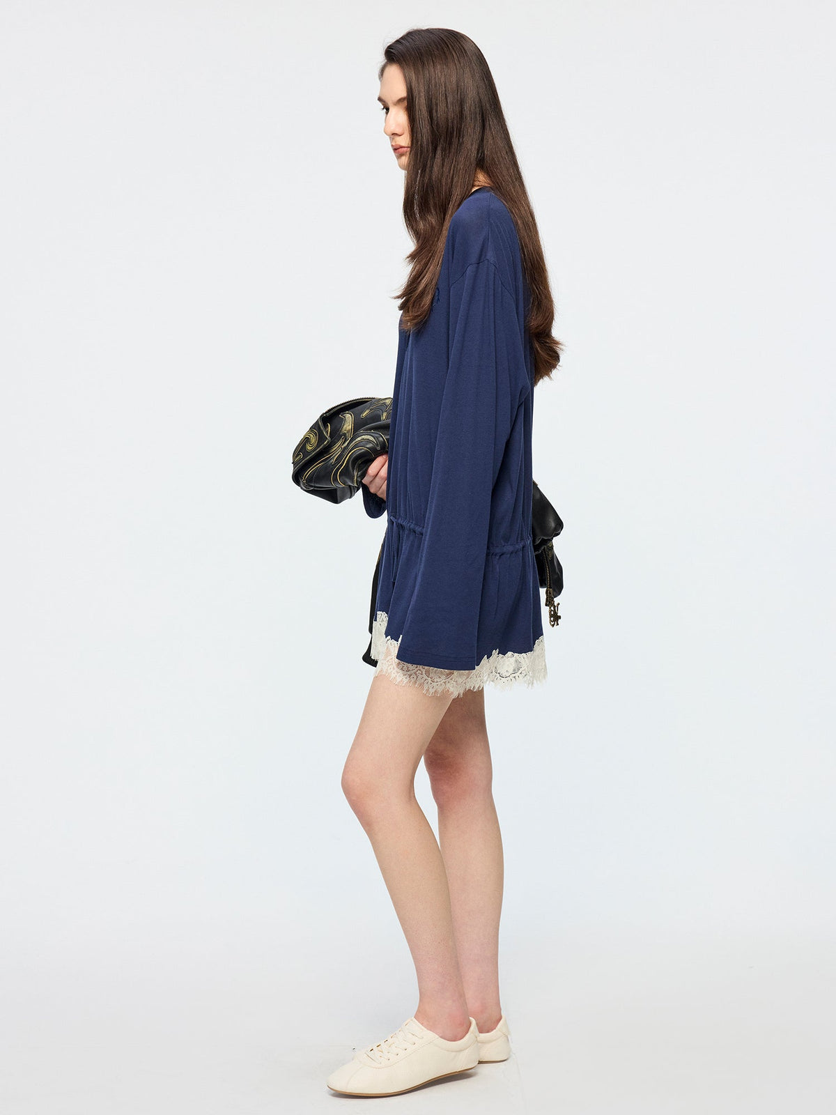 Henley long sleeve t-shirt with lace patchwork