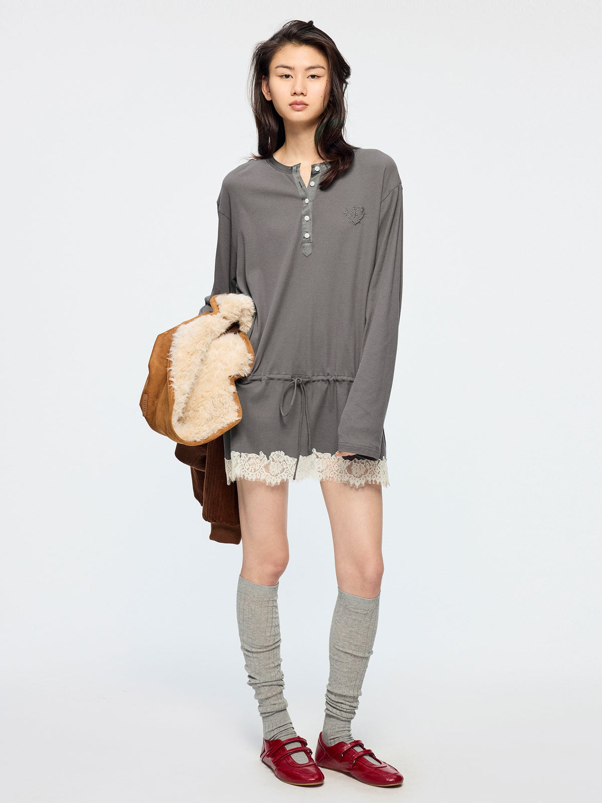 Henley long sleeve t-shirt with lace patchwork