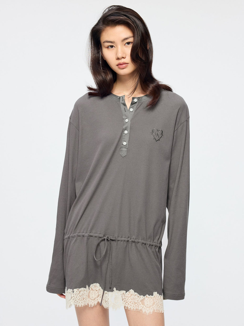 Henley long sleeve t-shirt with lace patchwork