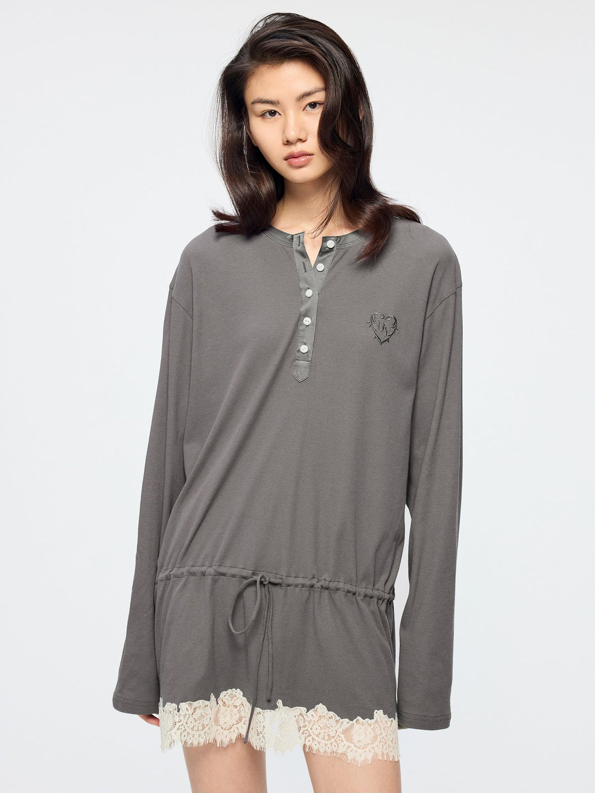 Henley long sleeve t-shirt with lace patchwork