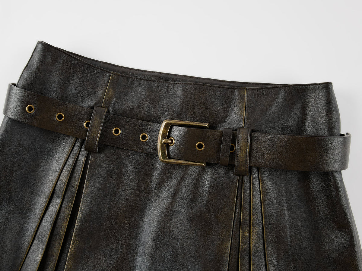Vintage rubbed pleated leather mini skirt