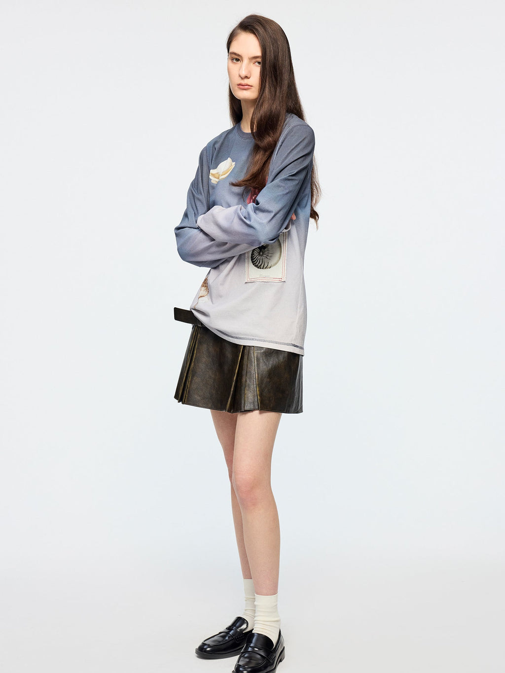 Vintage rubbed pleated leather mini skirt