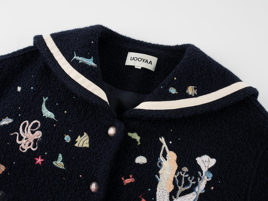 Sailor collar wool baseball jacket with fantasy undersea embroidery