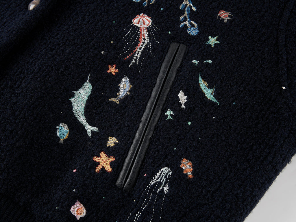 Sailor collar wool baseball jacket with fantasy undersea embroidery