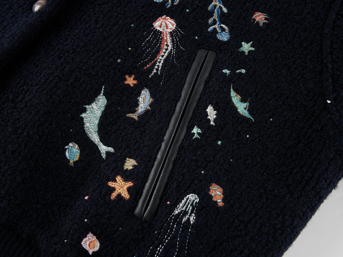 Sailor collar wool baseball jacket with fantasy undersea embroidery