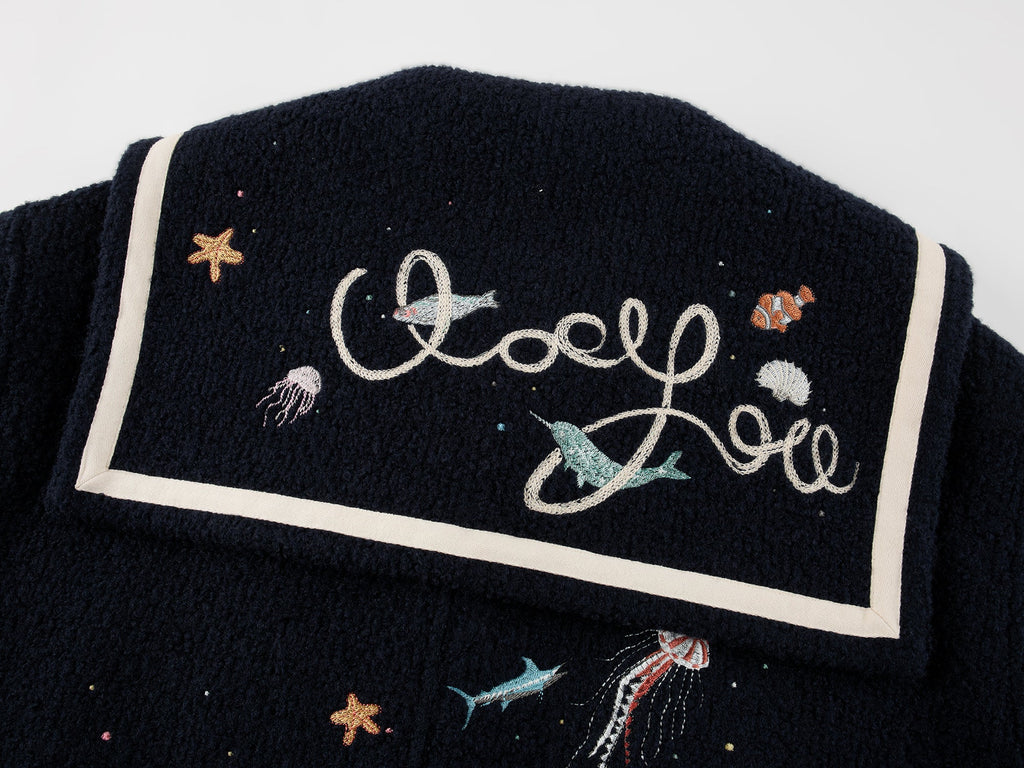 Sailor collar wool baseball jacket with fantasy undersea embroidery