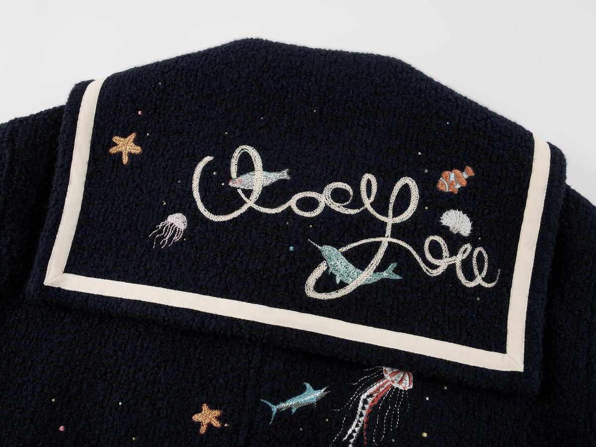 Sailor collar wool baseball jacket with fantasy undersea embroidery