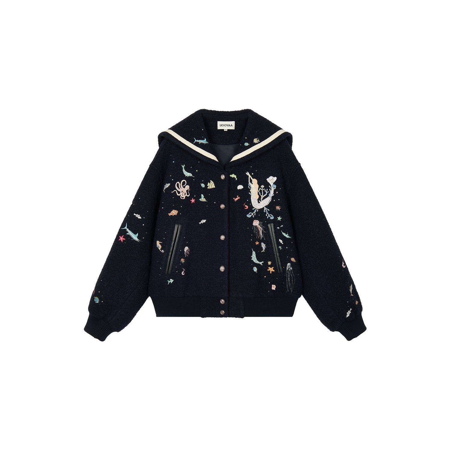 Sailor collar wool baseball jacket with fantasy undersea embroidery