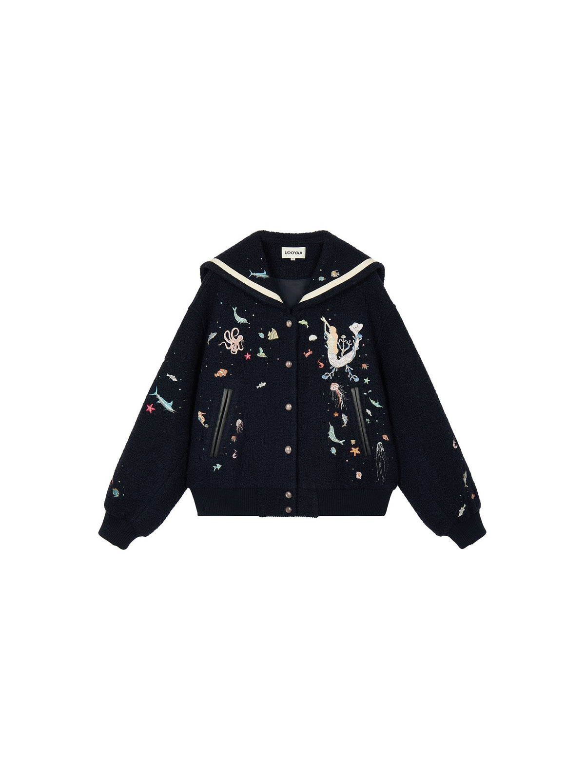 Sailor collar wool baseball jacket with fantasy undersea embroidery